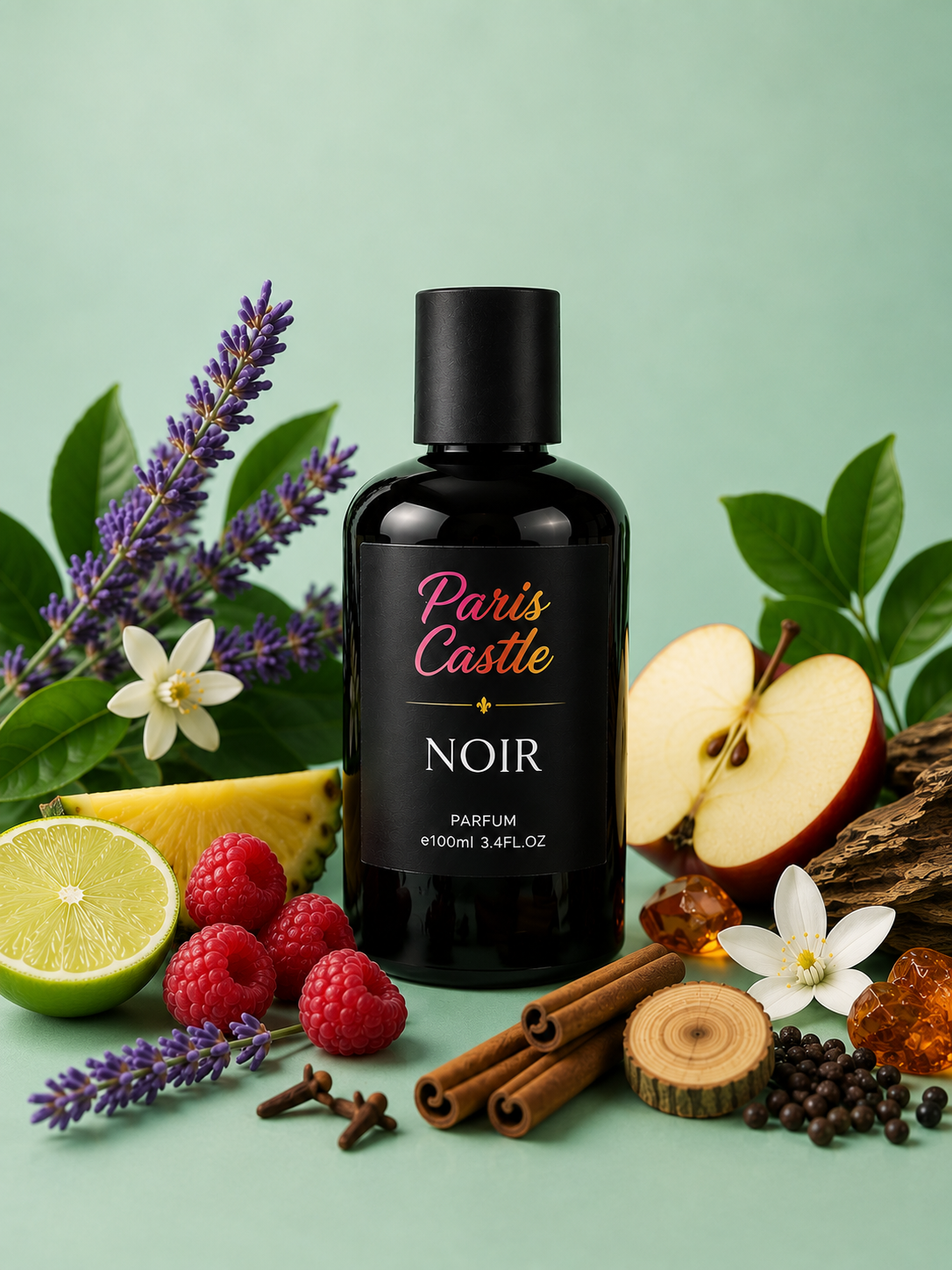 Paris Castle NOIR long-lasting perfume for men featuring raspberry, leather, and iris notes — a bold oriental fragrance. Al Majed Oud Noir inspired