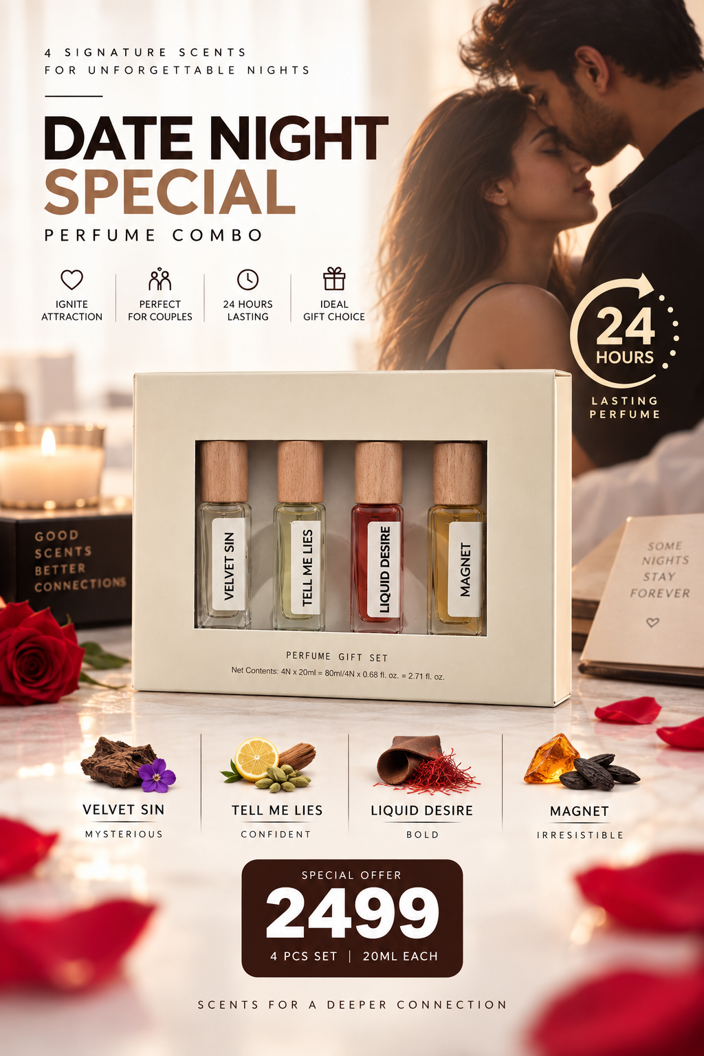 SEO Keywords: 4 piece perfume set, date night perfume, long lasting perfume, 24 hours lasting perfume, perfume gift set, luxury perfume combo, perfume set for men, perfume set for women, romantic perfume, premium fragrance set, 20ml perfume set, perfume gift set India, best perfume combo.