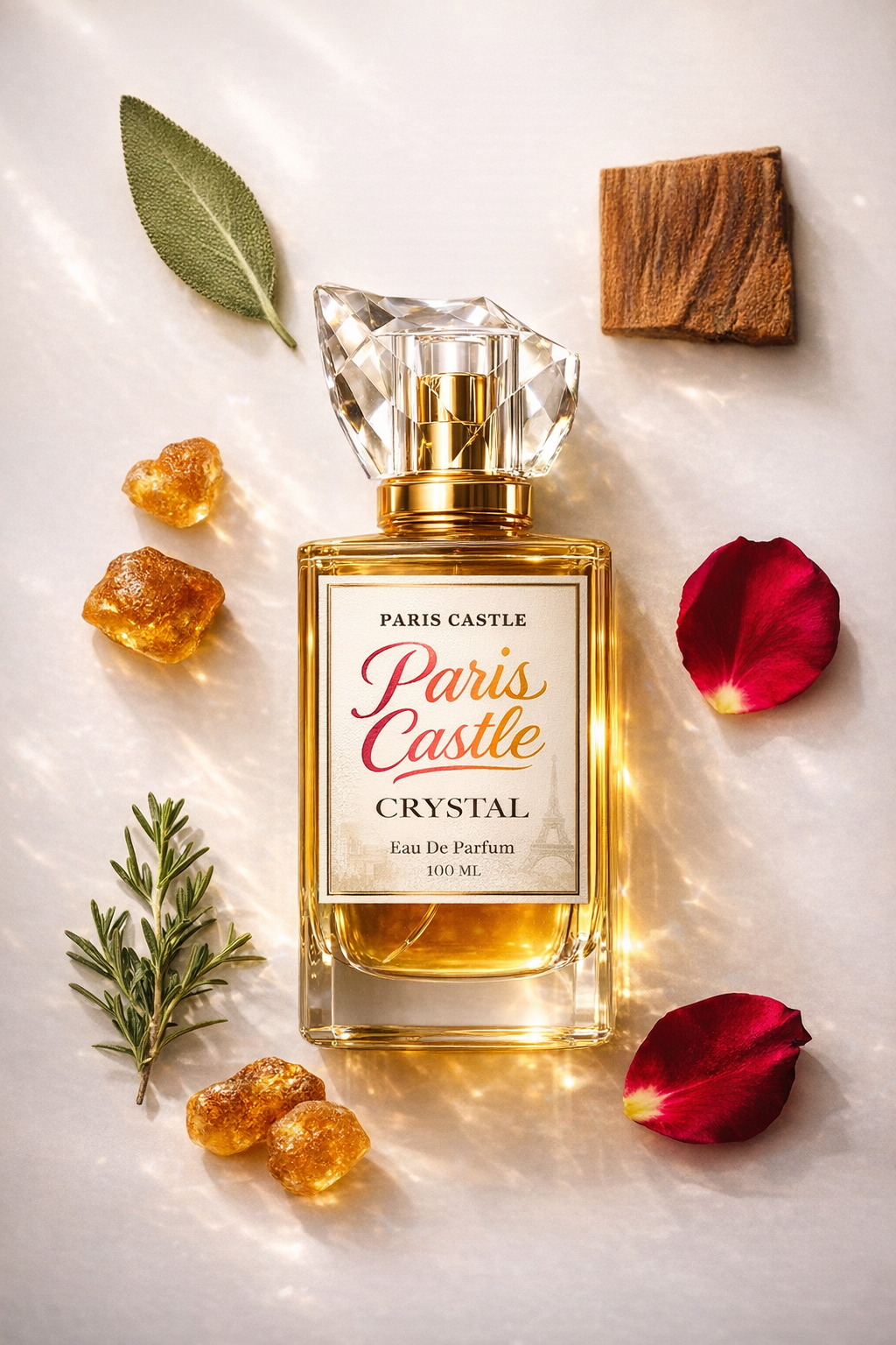 A perfume bottle labeled Paris Castle Crystal Eau De Parfum,  with rosemary, amber crystals, a green leaf, a red rose petal, and a wood slice on a light background with warm light streaks.Long lasting fresh smell. Best perfume in budget