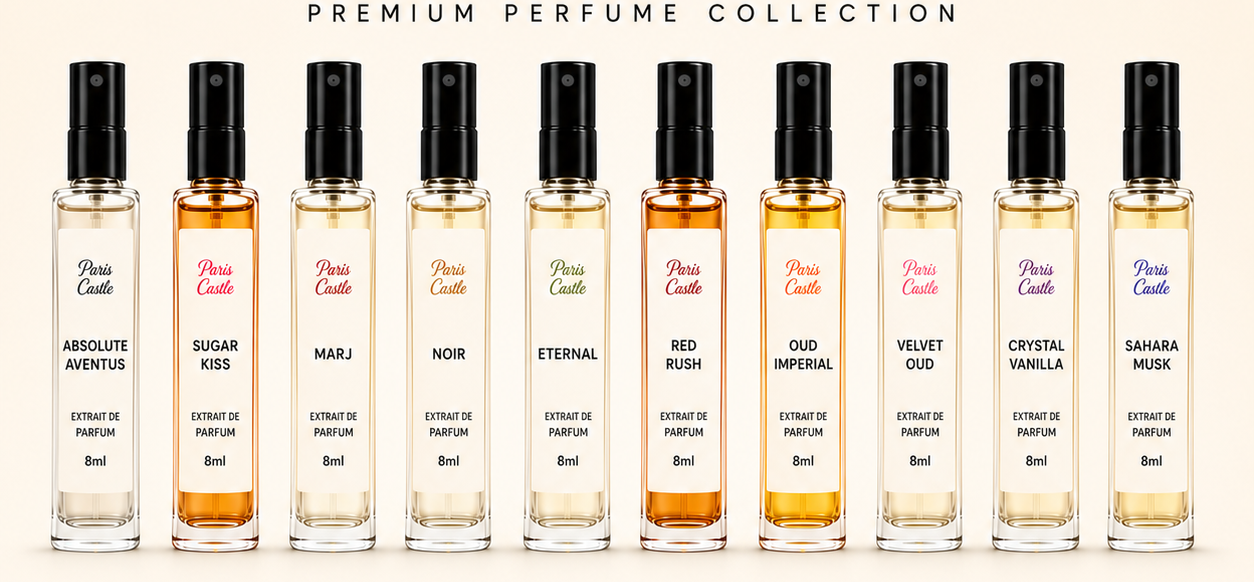 Promotional graphic for a perfume collection showing ten small Paris Castle extrait de parfum spray bottles arranged in a row on a light beige background, with large text above reading 'Paris Castle', '10 FRAGRANCES AT JUST ₹899', and 'PREMIUM PERFUME COLLECTION'.