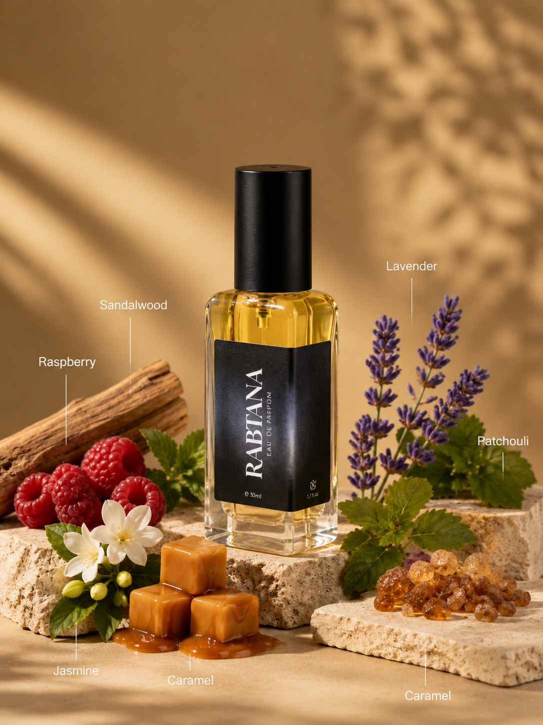 RABTANA Eau De Parfum 100ml by Qasr Al Habeeb – Premium luxury perfume featuring raspberry, orange oil, bergamot, jasmine, caramel, lavender, sandalwood, patchouli, and leather wood notes. Long-lasting unisex fragrance with sweet, fruity, woody, white floral, citrus, warm spicy, and balsamic accords. Perfect for day and night wear in Kerala, India.