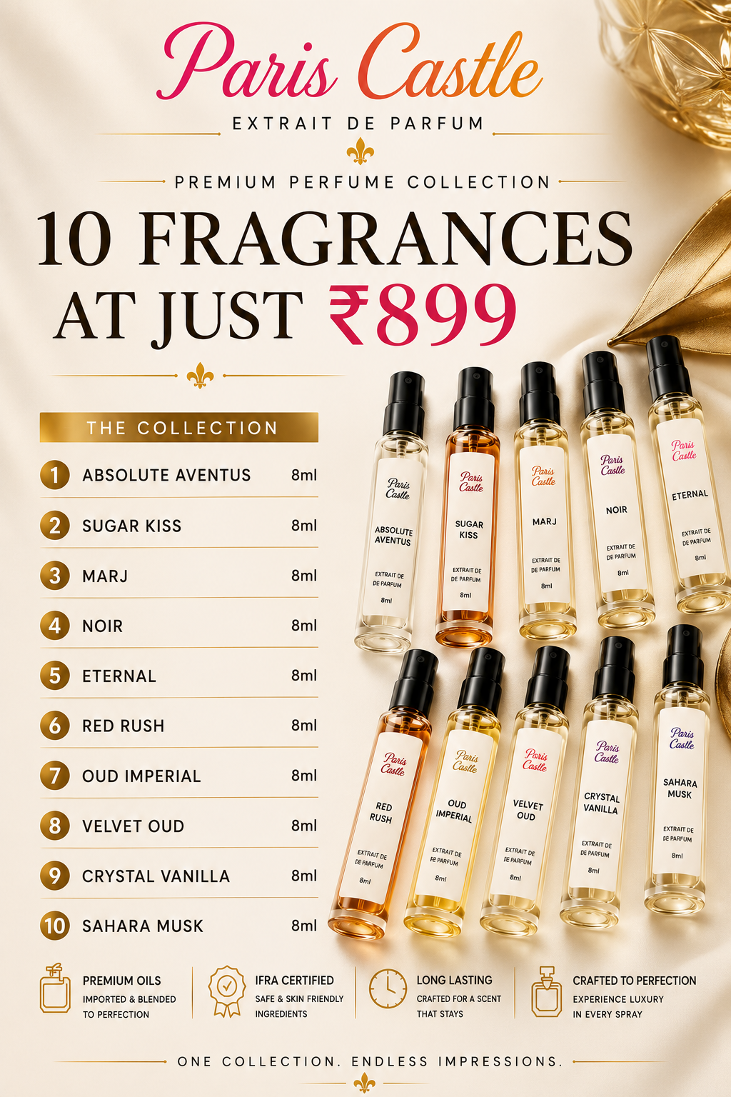 Promotional collage for Paris Castle Extrait de Parfum featuring a list of 10 fragrances at just ₹899, with multiple small perfume bottles arranged on a beige background with decorative gold elements.Best Perfume Gift Set in India | Paris Castle 10 Fragrances